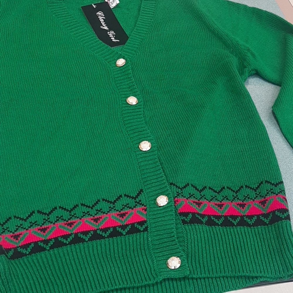 Green Sweater with Patterned Trim last price 15$ptp19inch